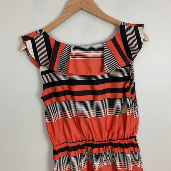 A Byer Dress Multi Stripe V neck Flounce Ruffle Sleeveless Dress Coral Orange M - Picture 5 of 10